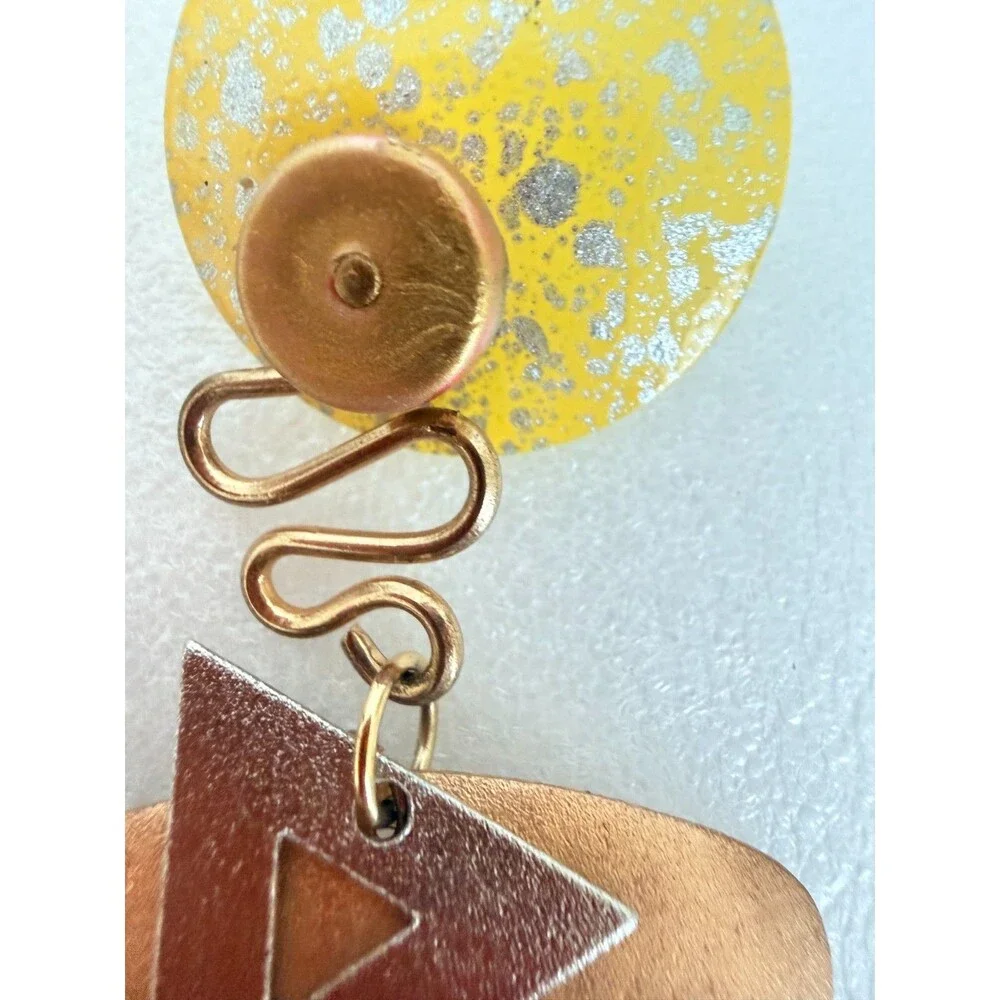 Vintage 1980s Memphis Style Geometric Mixed Metal Dangle Earrings 5 Inch Stateme